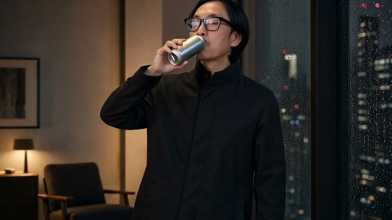 主人公が広告主のビールを飲むカット