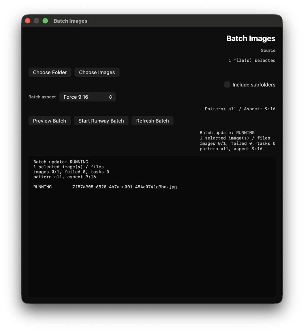 Batch Images window for selecting still images and starting a Runway generation batch