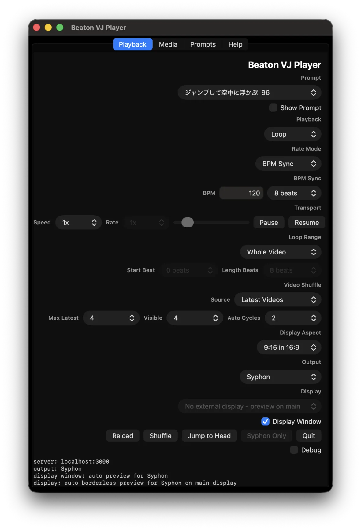 Beaton VJ Player playback controls for prompt selection, BPM sync, loop range, and Syphon output
